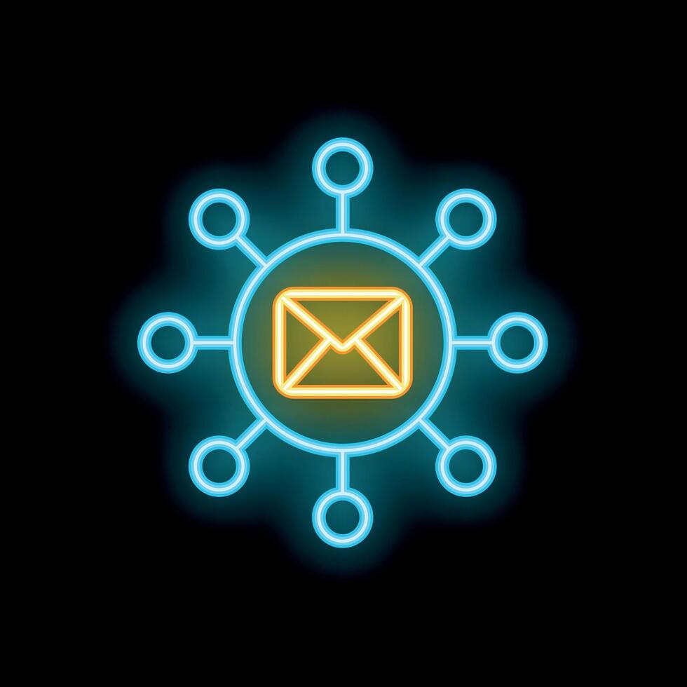Neon icon of email marketing showing envelope connected to network vector