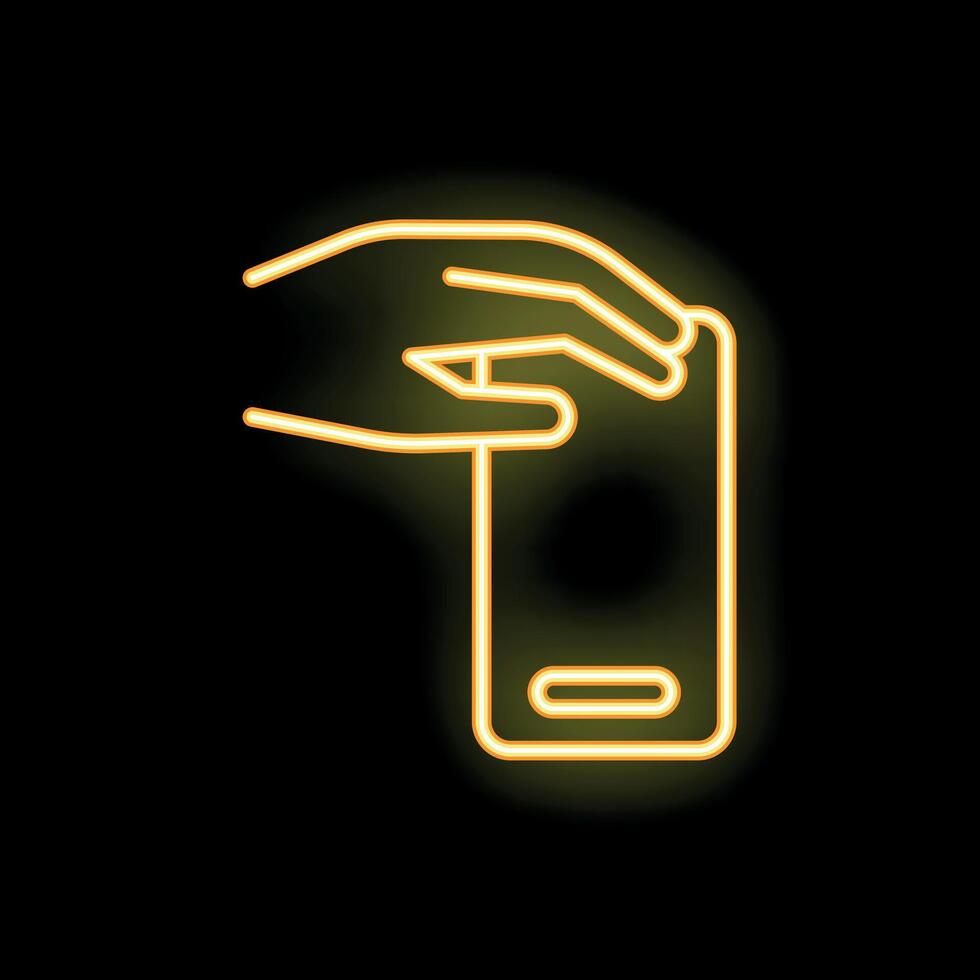 Hand holding smartphone neon sign on black background vector