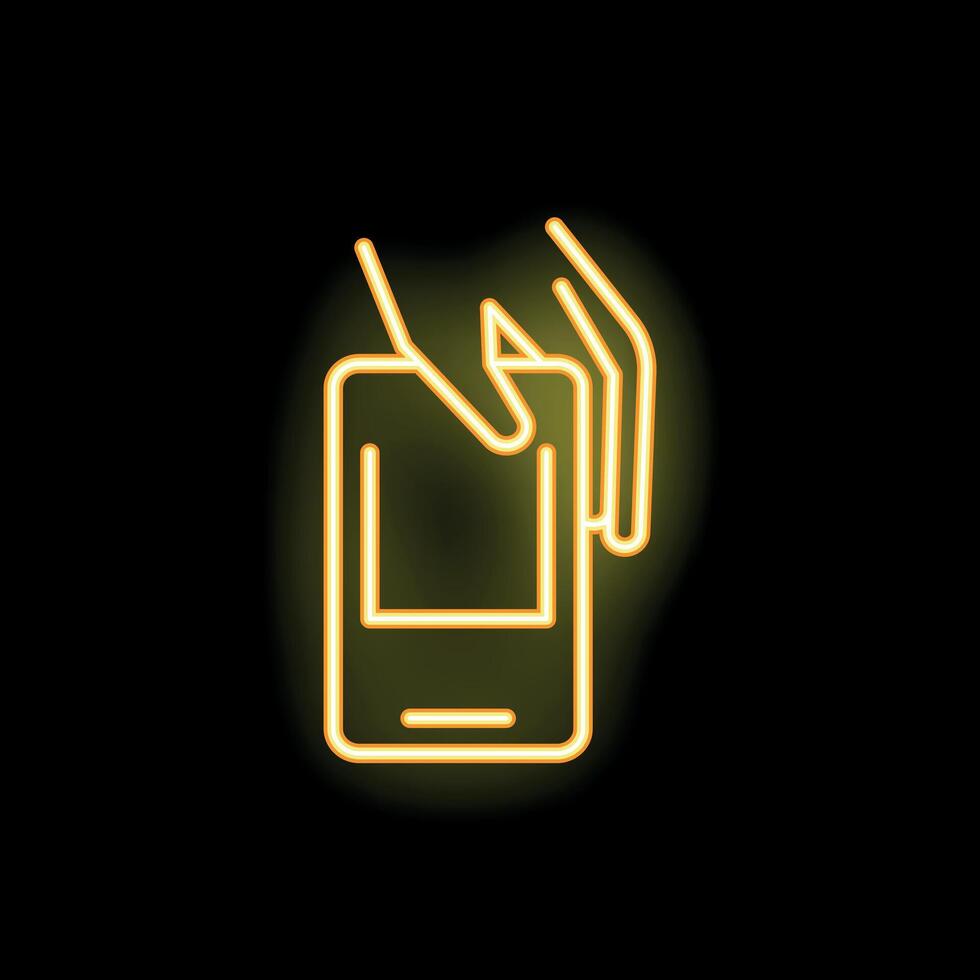 Neon hands holding smartphone touching screen glowing icon vector