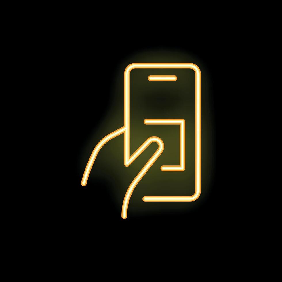 Hand using smartphone touchscreen neon sign on black background vector