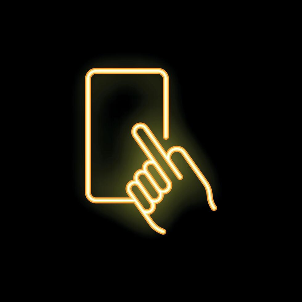 Hand tapping smartphone screen neon sign on black background vector