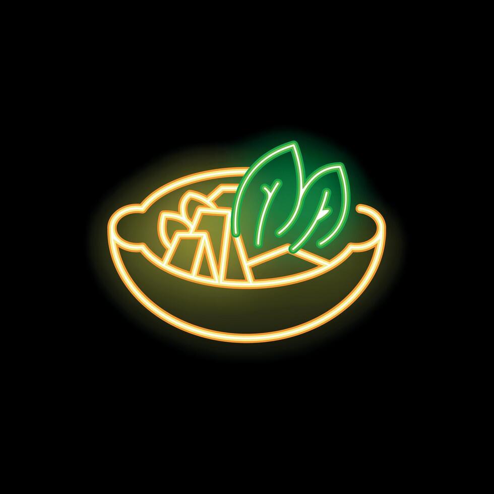 Neon sign showing bowl of salad with leaves on black background vector