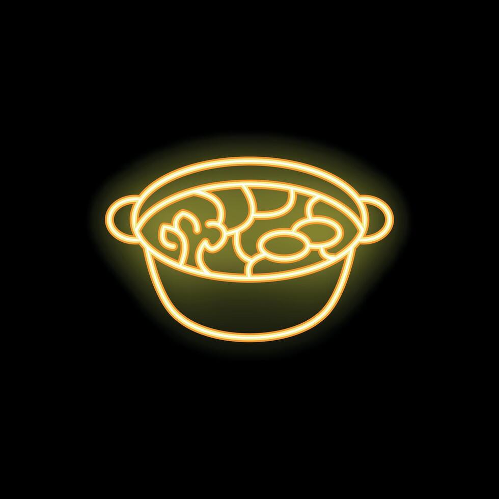 Neon sign of pot cooking soup with vegetables on black background vector
