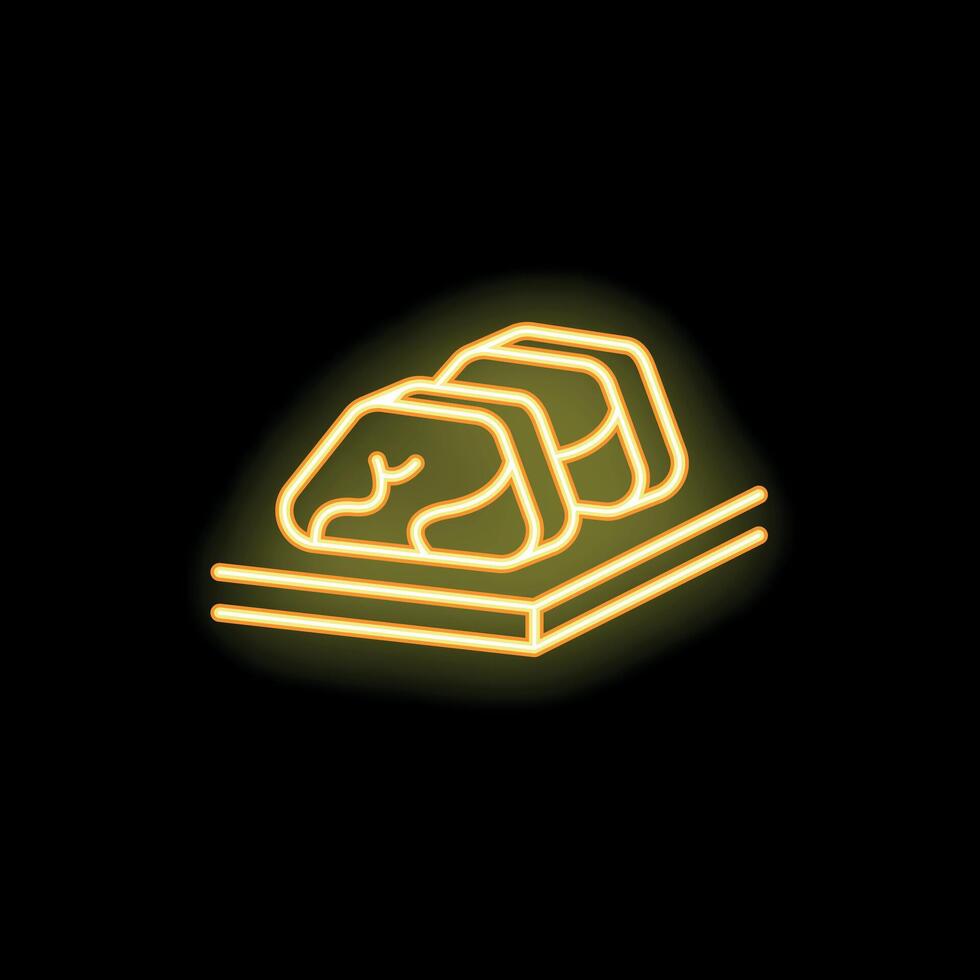 Neon icon of bread slices on cutting board glowing yellow vector