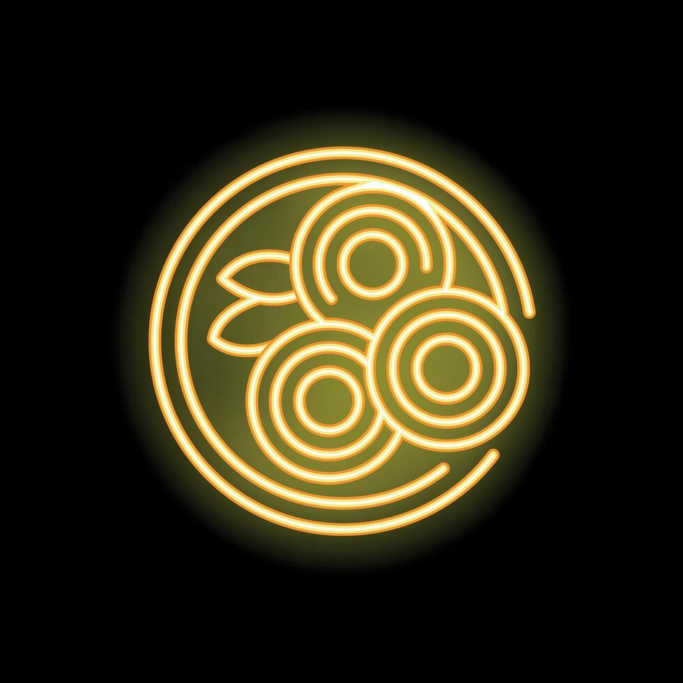 Round plate glowing with yellow neon light presenting delicious dish vector