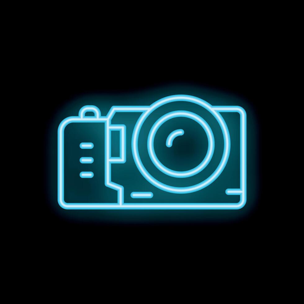 Blue neon sign camera shining in the dark background vector
