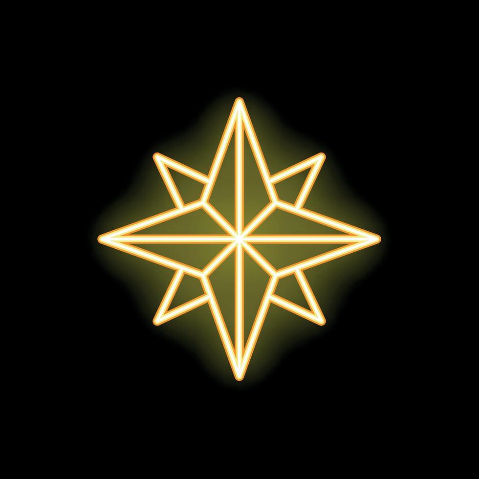 Neon style eight pointed star shining bright on black background vector
