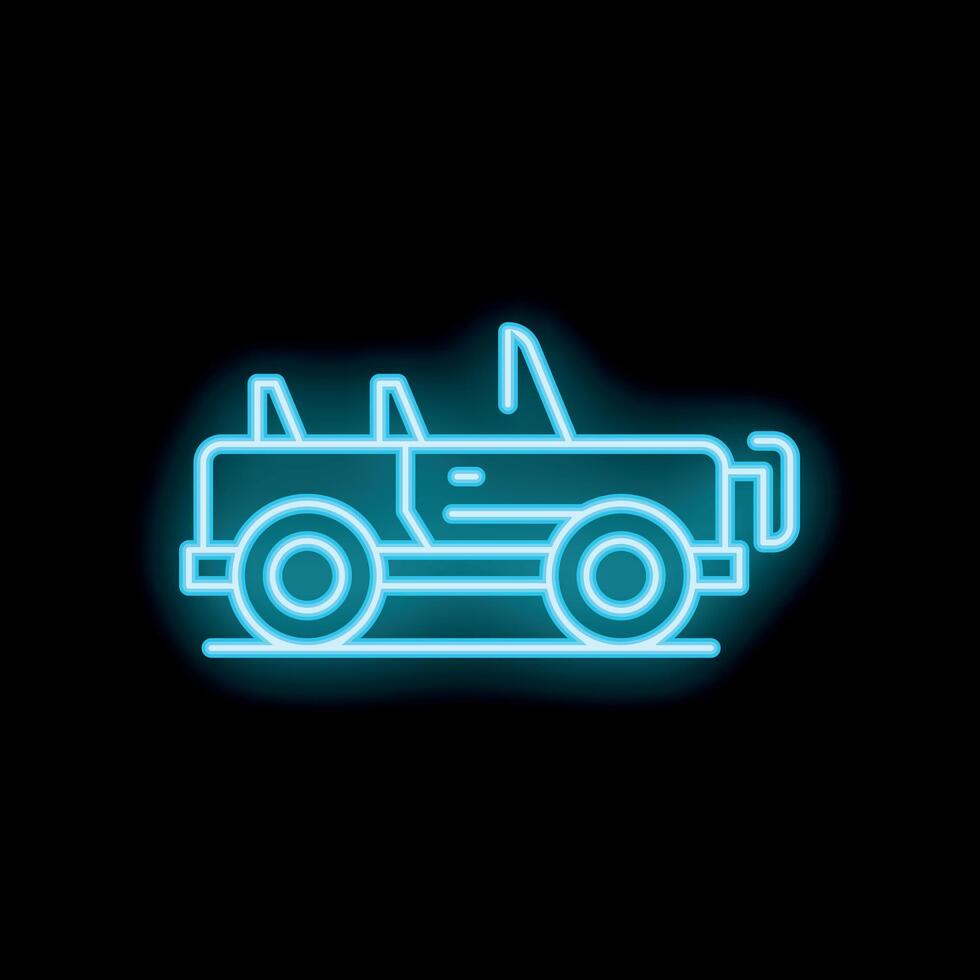 Blue neon sign of a convertible suv on black background vector