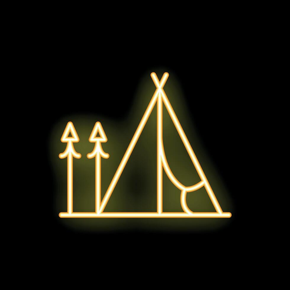 Glowing yellow neon sign of a teepee tent in the woods vector