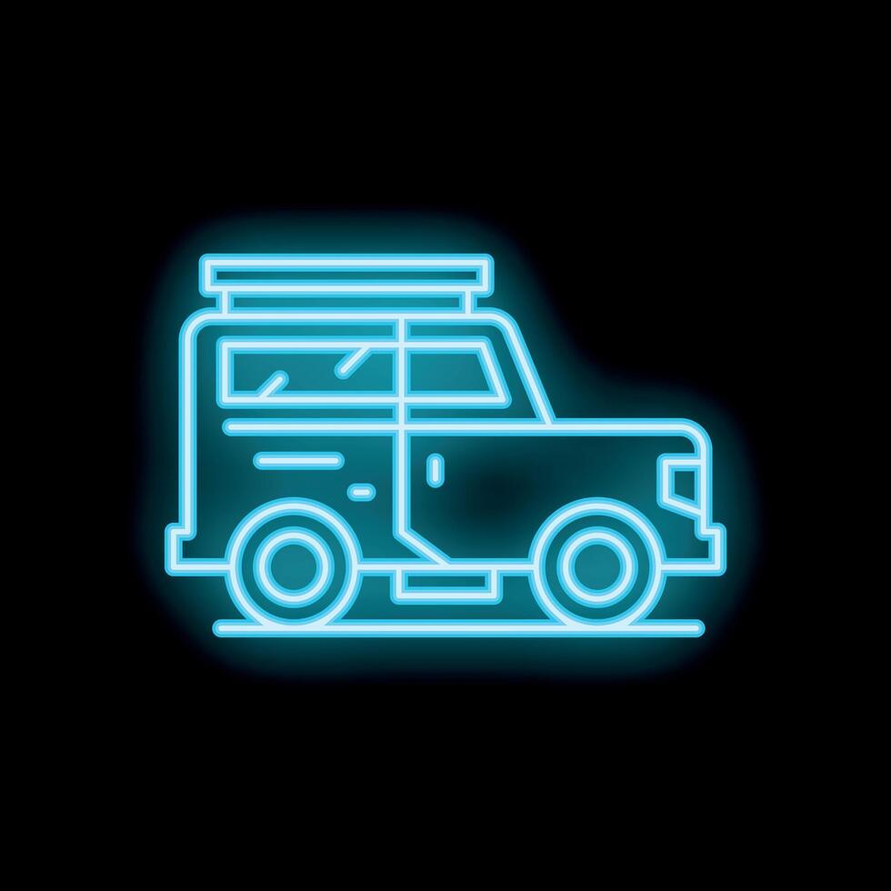 Blue neon icon of off road vehicle with roof luggage on dark background vector