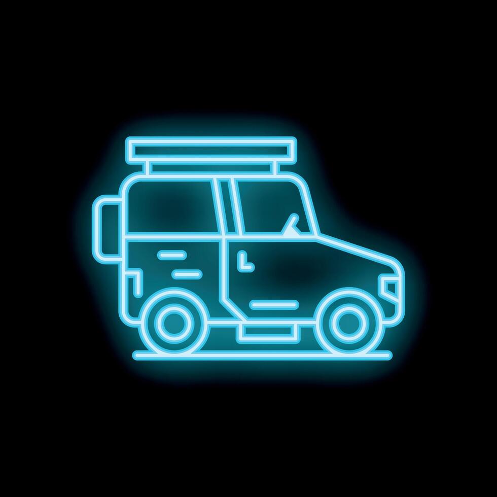 Neon sign of a four wheel drive off road suv car for travel and adventures vector