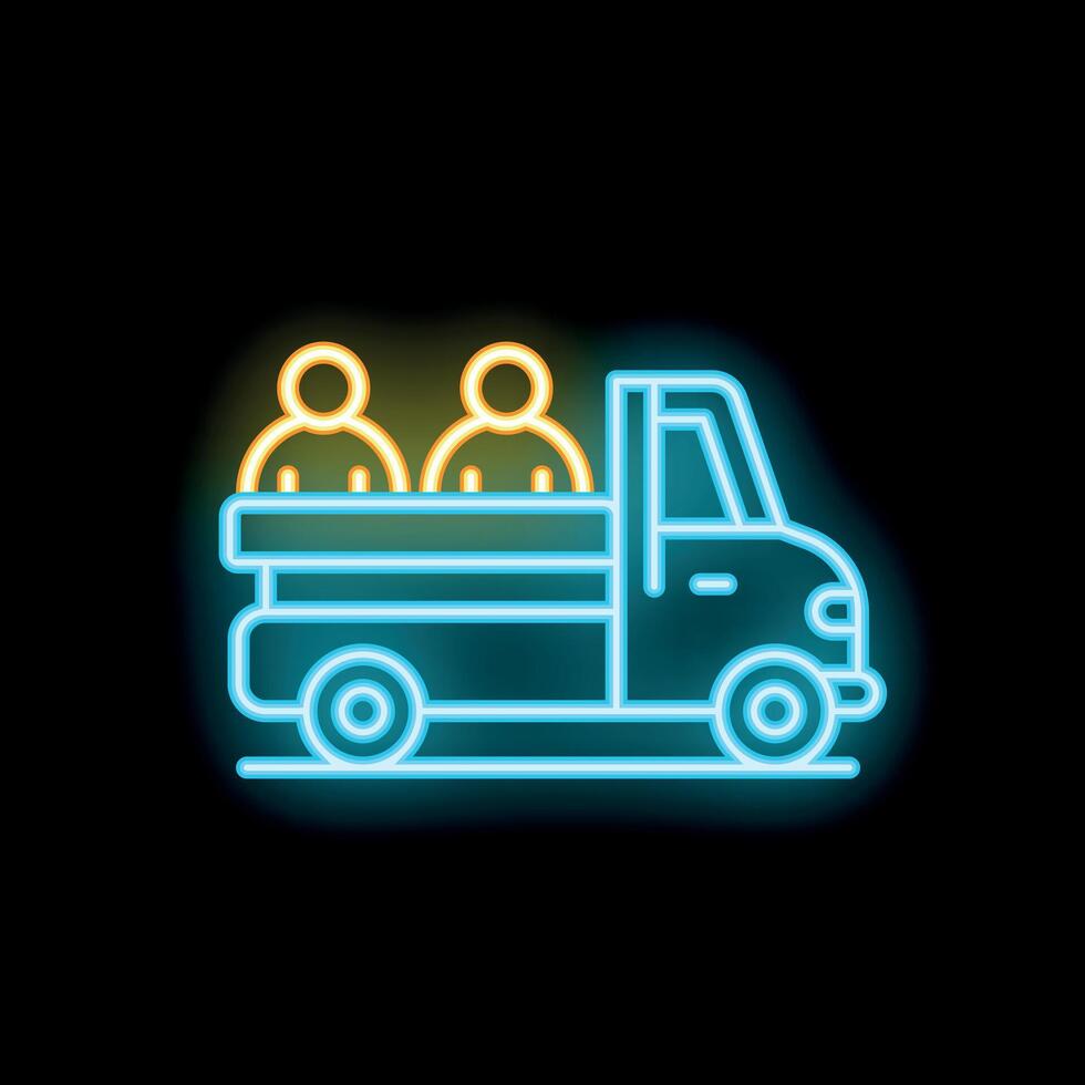 Neon icon of a pickup truck transporting people on black background vector