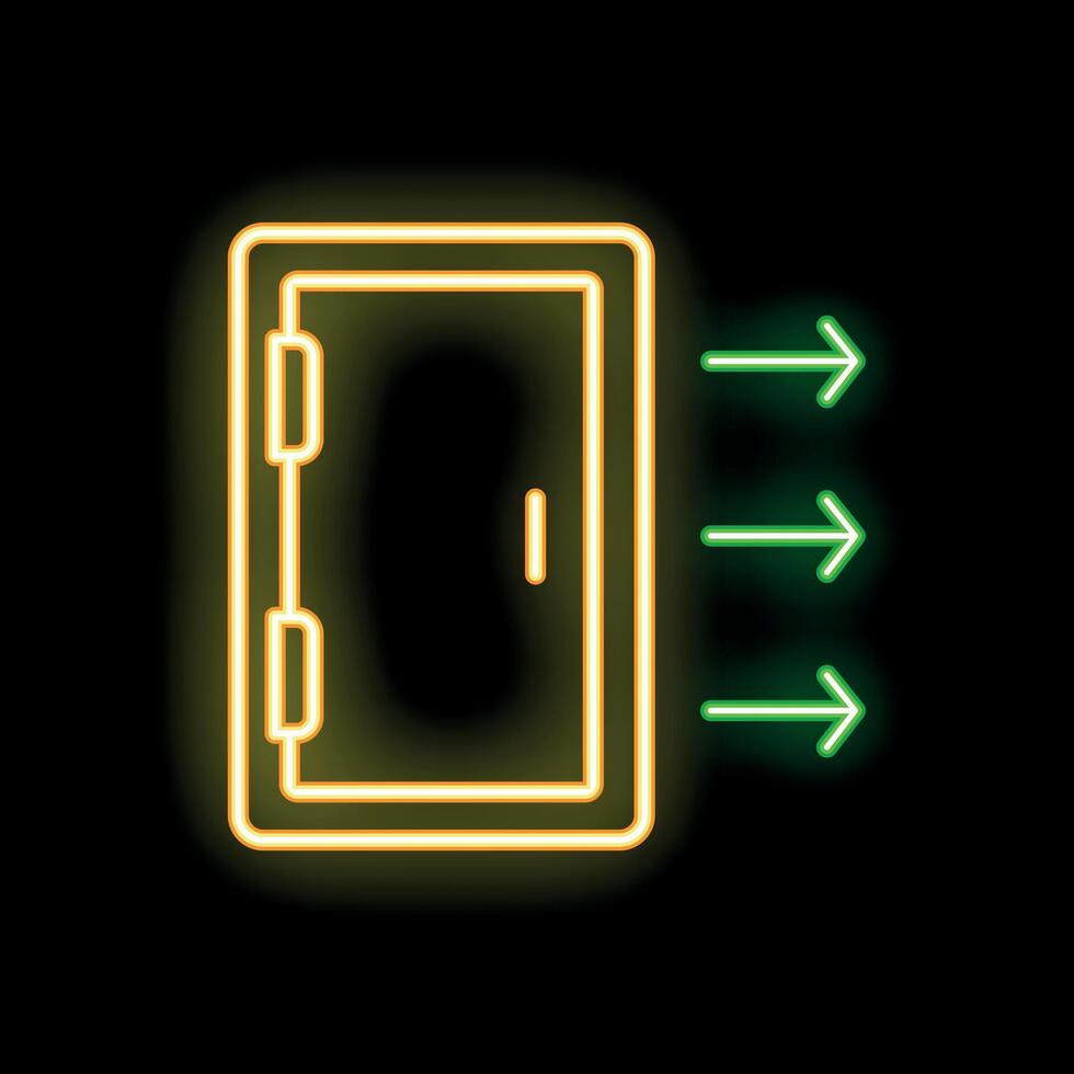 Neon glowing closed door with arrows pointing inwards on a black background vector