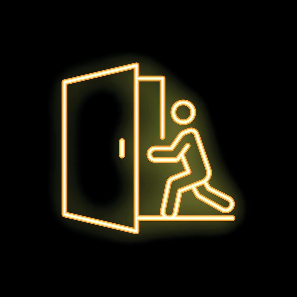Stick figure pushing open a door in yellow neon light vector