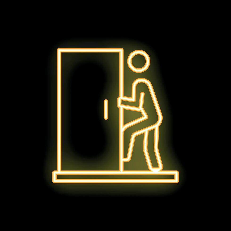 Stick figure pushing open a door in yellow neon light vector
