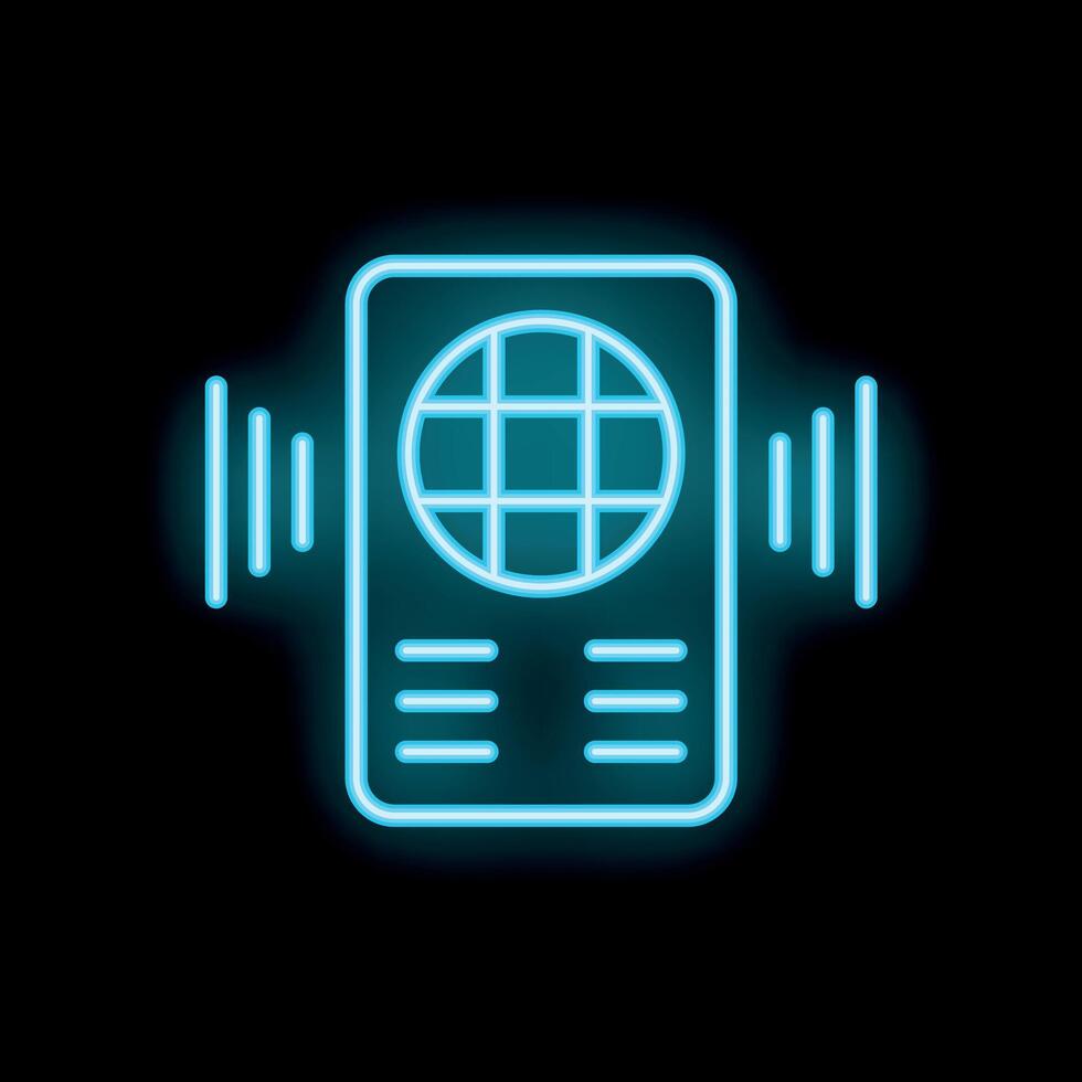 Neon icon of passport emitting sound waves representing audio guide for tourists vector