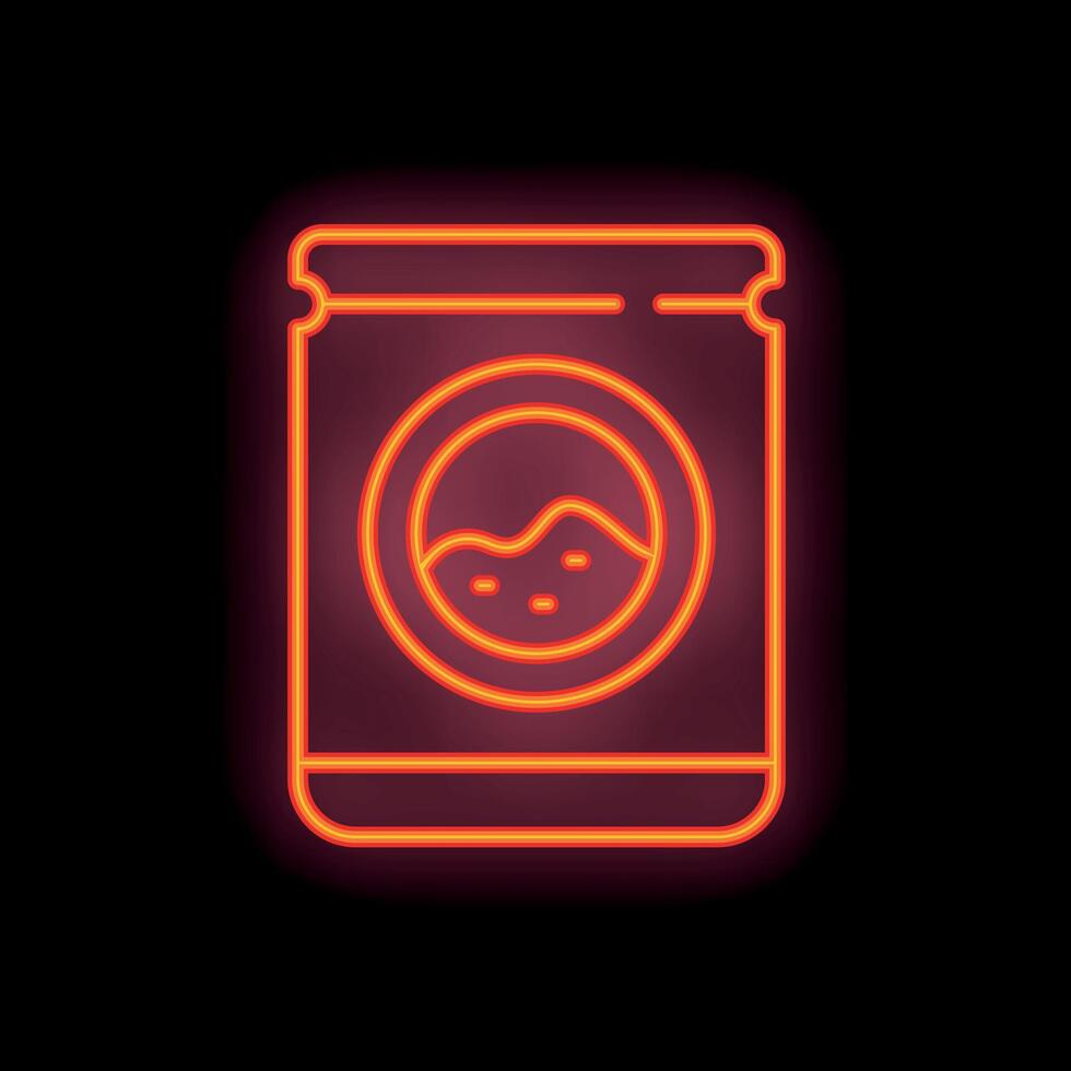 Neon icon of washing machine with laundry detergent on black background vector