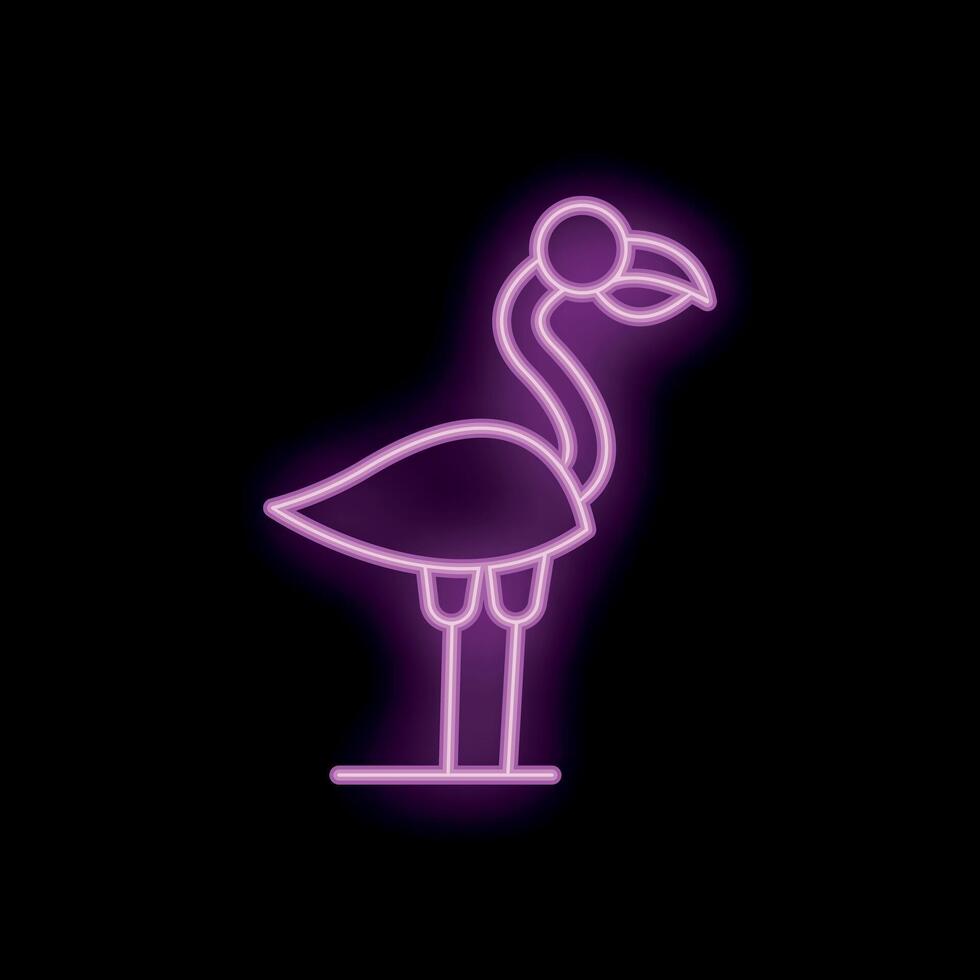 Pink neon sign showing a flamingo standing on black background vector