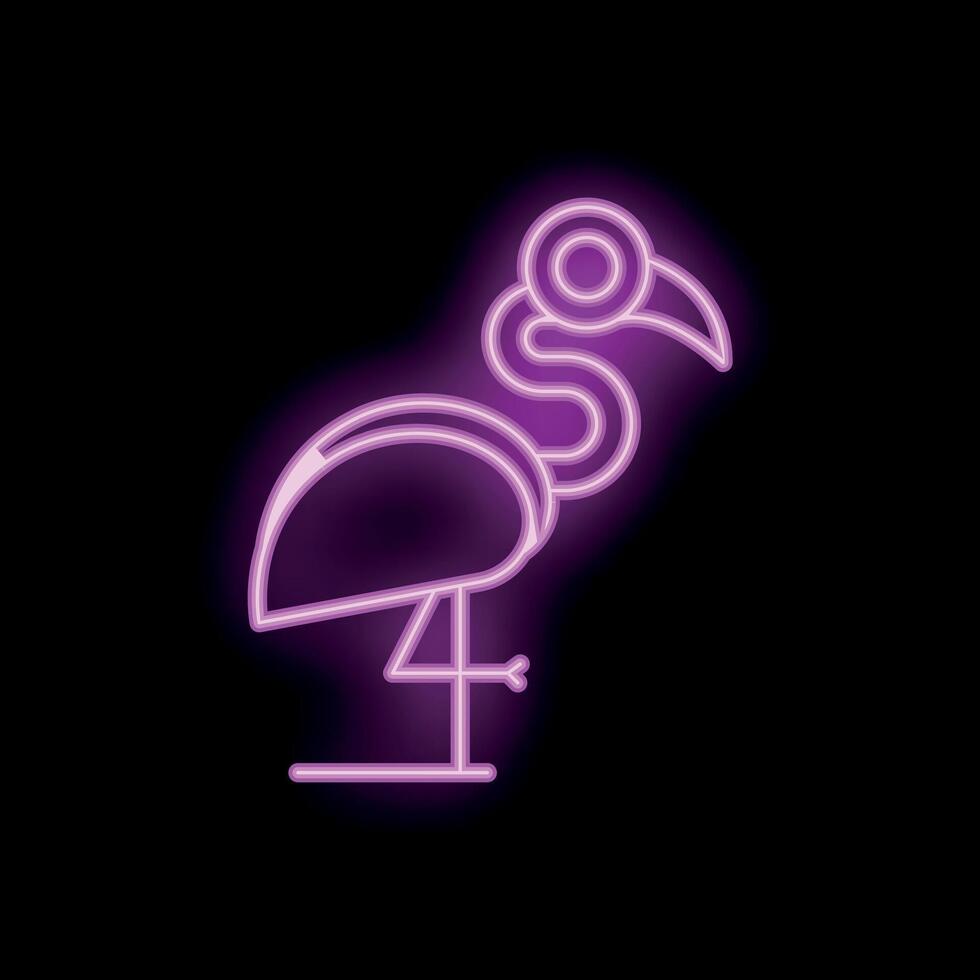 Pink flamingo neon sign standing on one leg glowing on black background vector