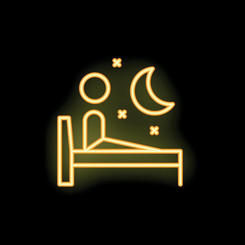 Neon icon of person sleeping in bed under moon and stars vector