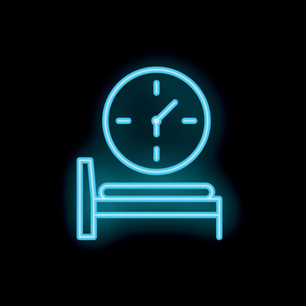 Neon icon of bed and clock showing bedtime vector