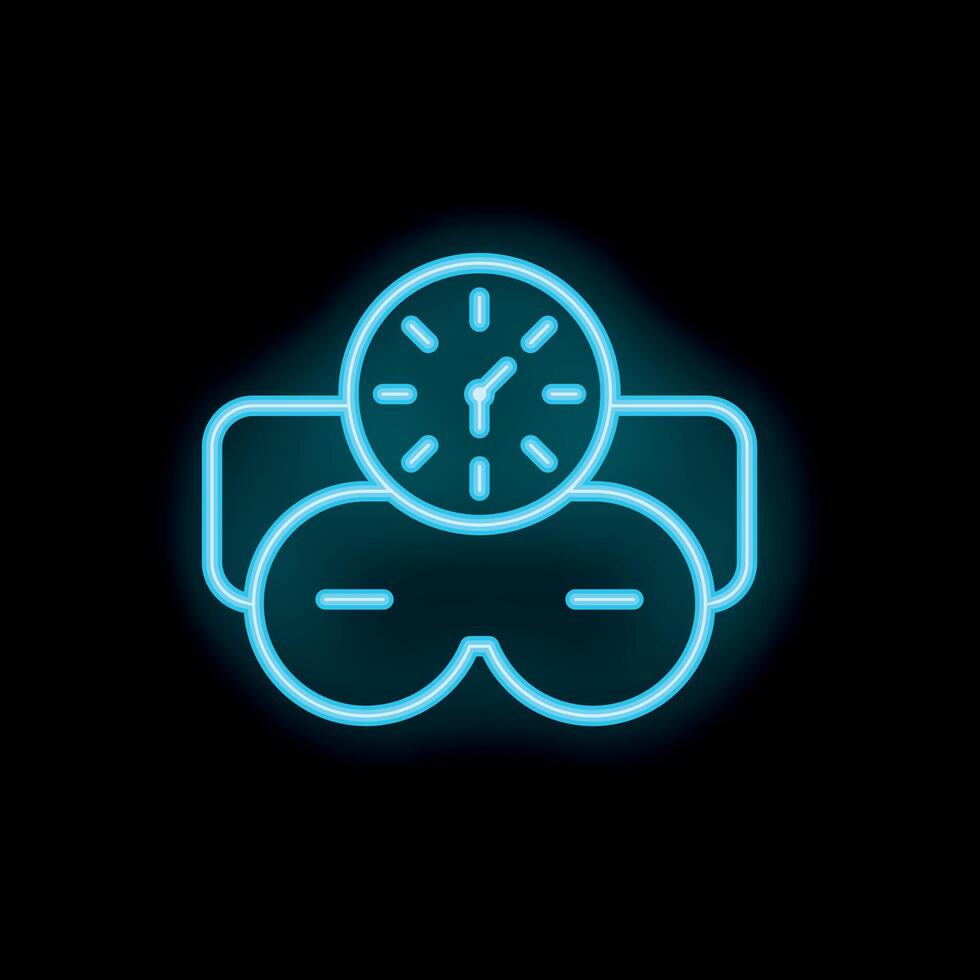 Neon icon of sleep mask and clock representing sleep time vector