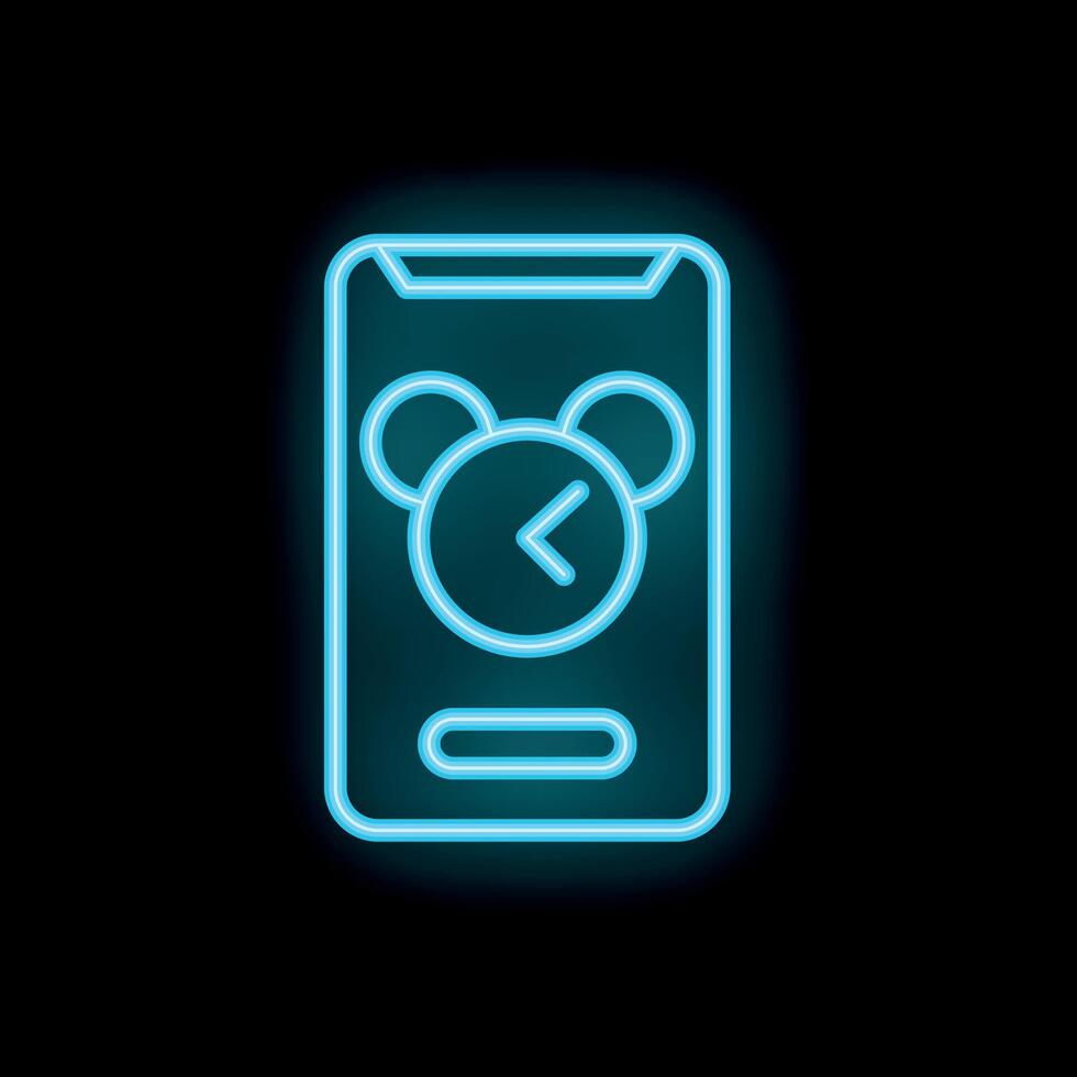 Neon sign of smartphone displaying clock app with back arrow button vector