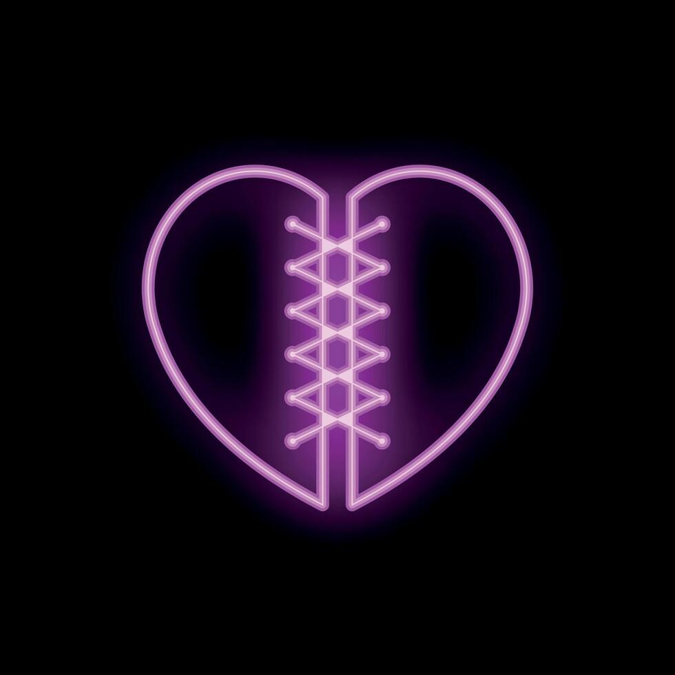 Neon heart being mended with a pink zipper on black background vector