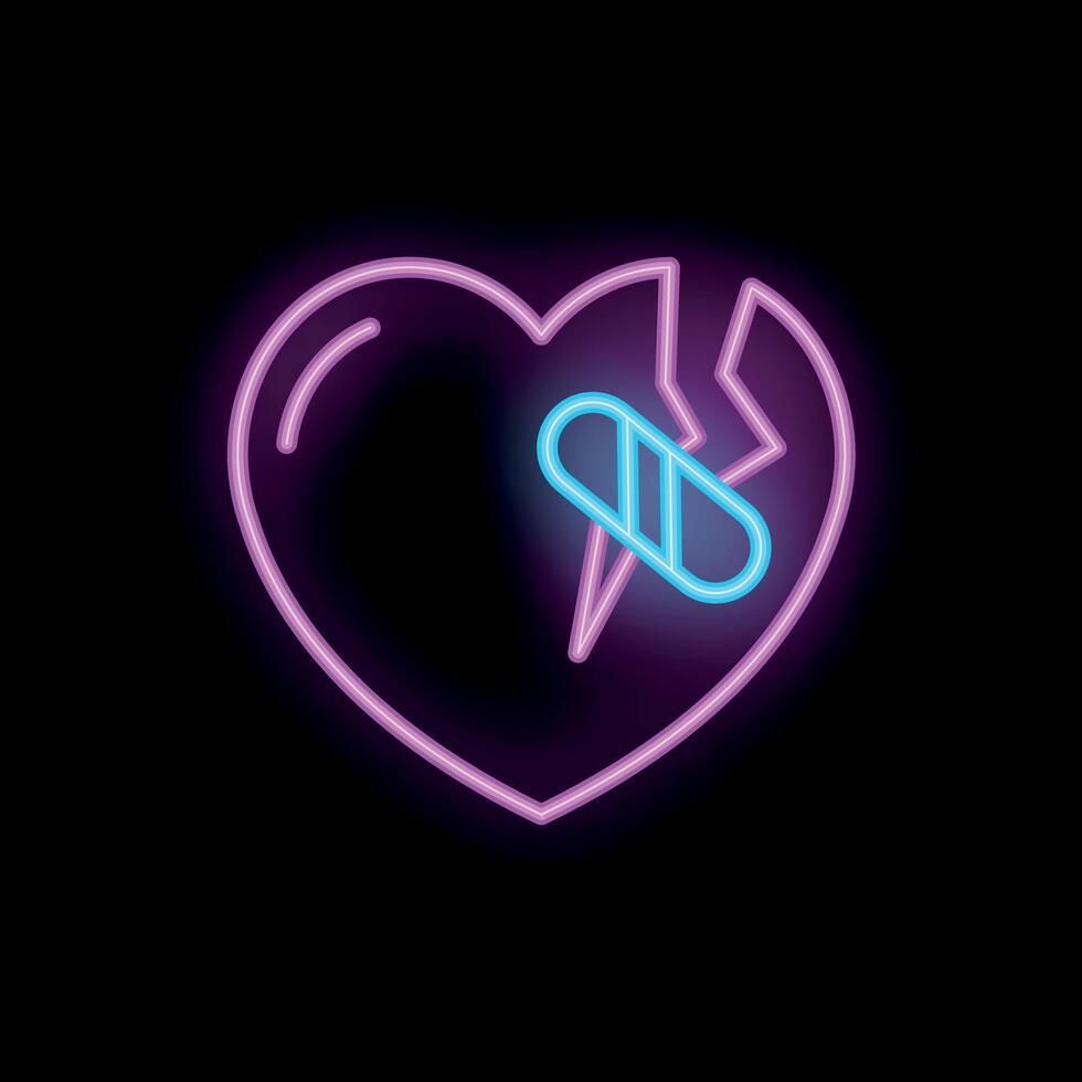 Broken heart trying to heal with bandage plaster neon sign vector