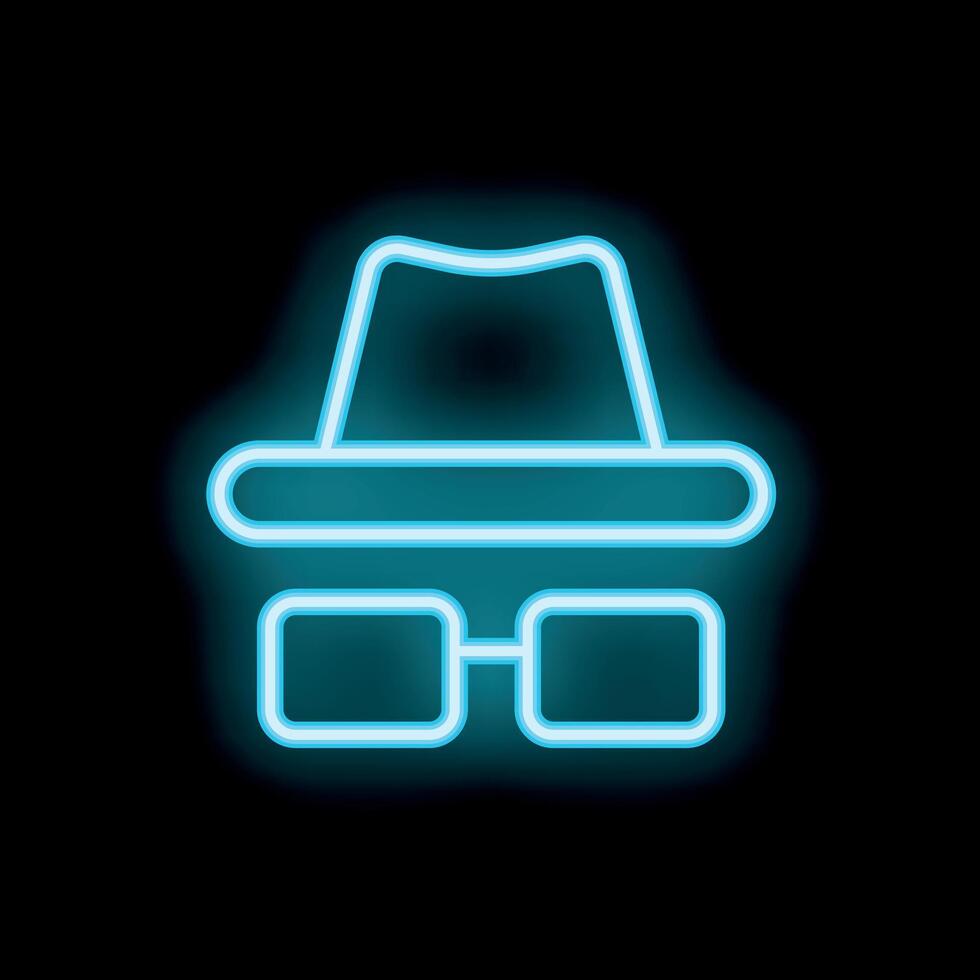 Neon icon of spy hat and glasses glowing on black background vector