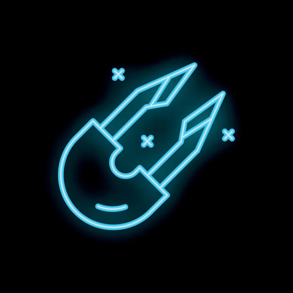 Blue neon spaceship icon glowing on dark background vector