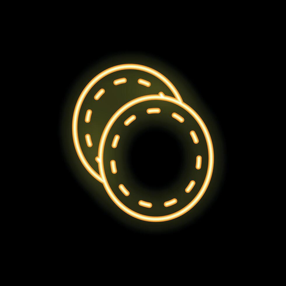 Neon icon of two round reusable cotton pads glowing yellow on black background vector