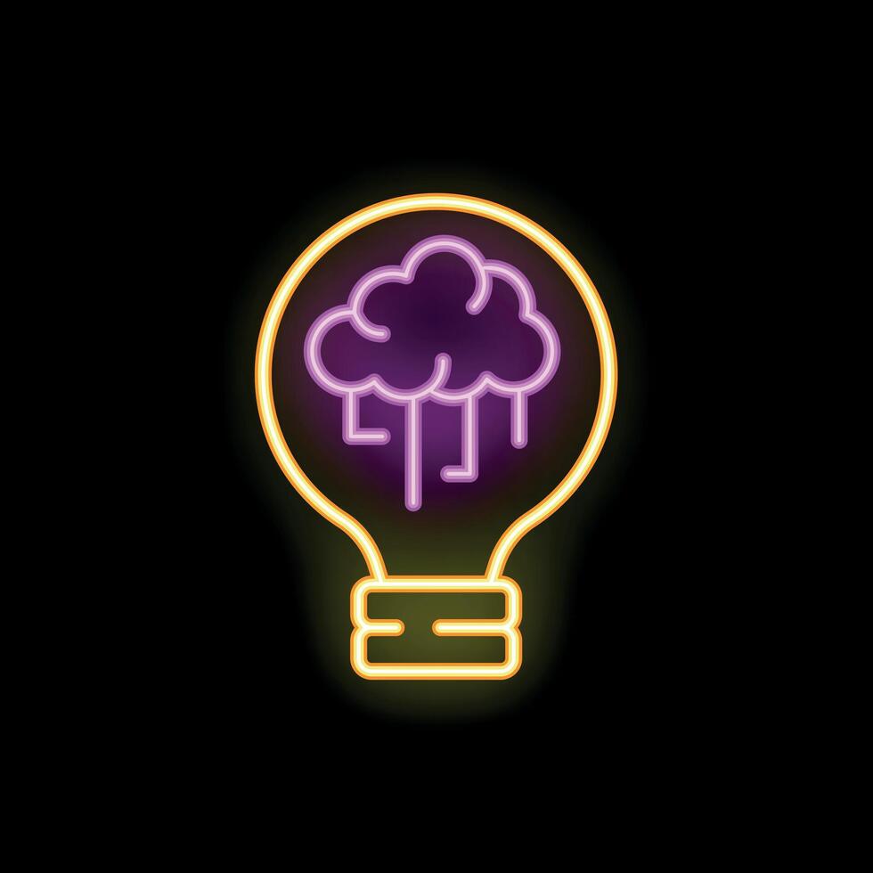 Neon icon of lightbulb with raining cloud representing brainstorming and ideas vector