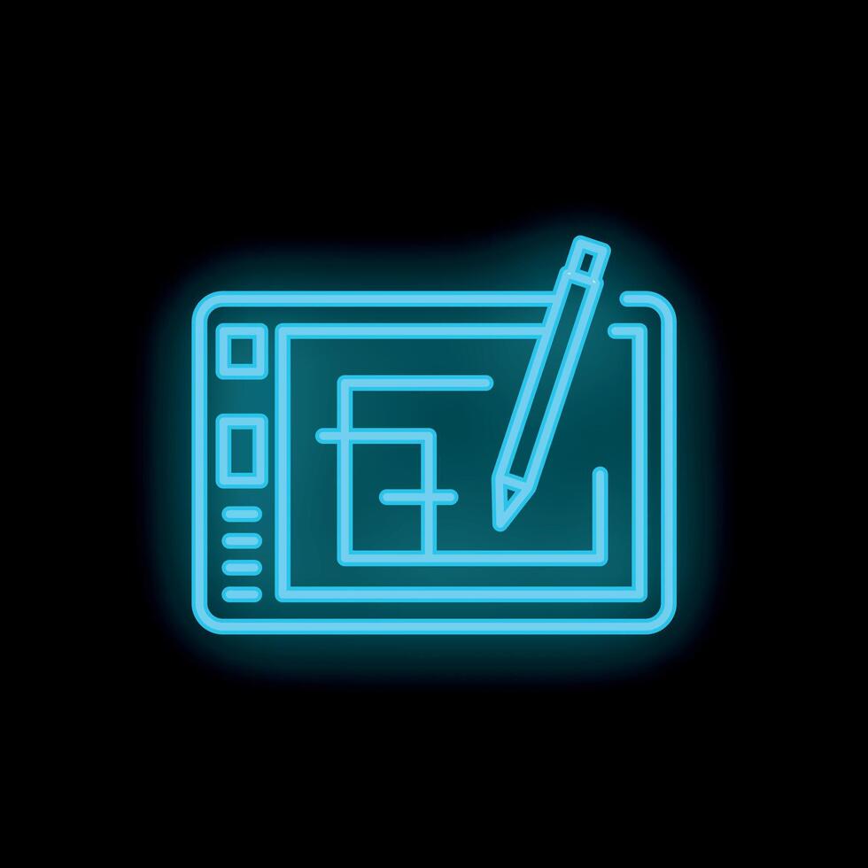Neon graphic tablet with stylus drawing architectural plans icon vector