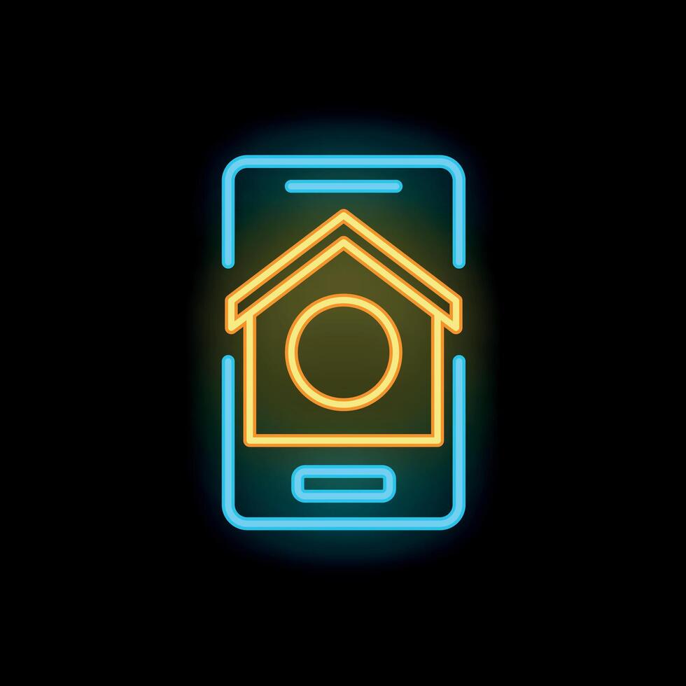 Neon icon of smartphone displaying house symbol for smart home technology vector