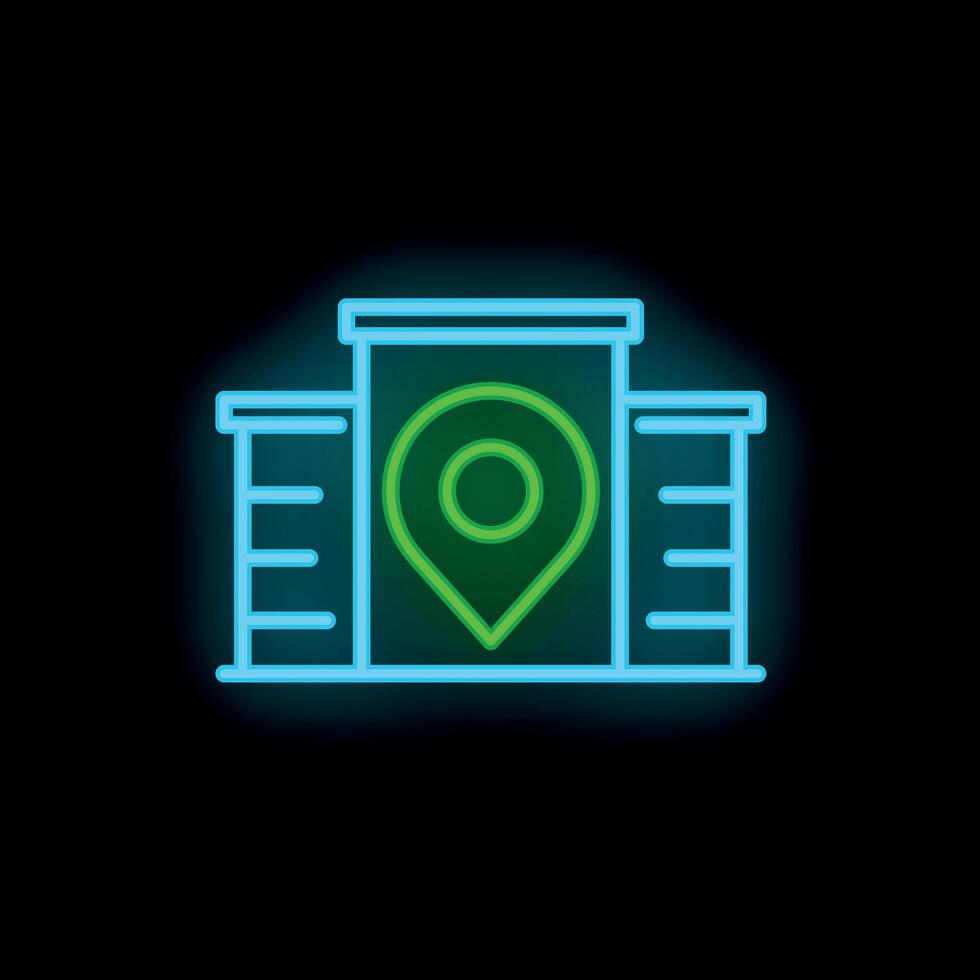 Neon location pin glowing above buildings at night vector