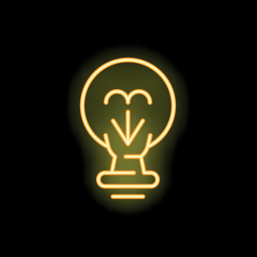 Neon yellow light bulb with arrow pointing down representing downloading an idea concept vector