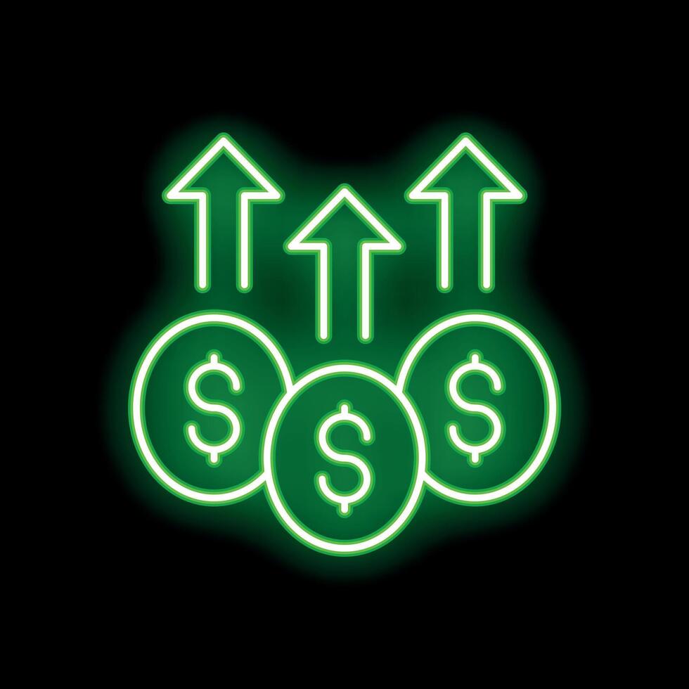 Neon green dollar coins increasing value with up arrows vector
