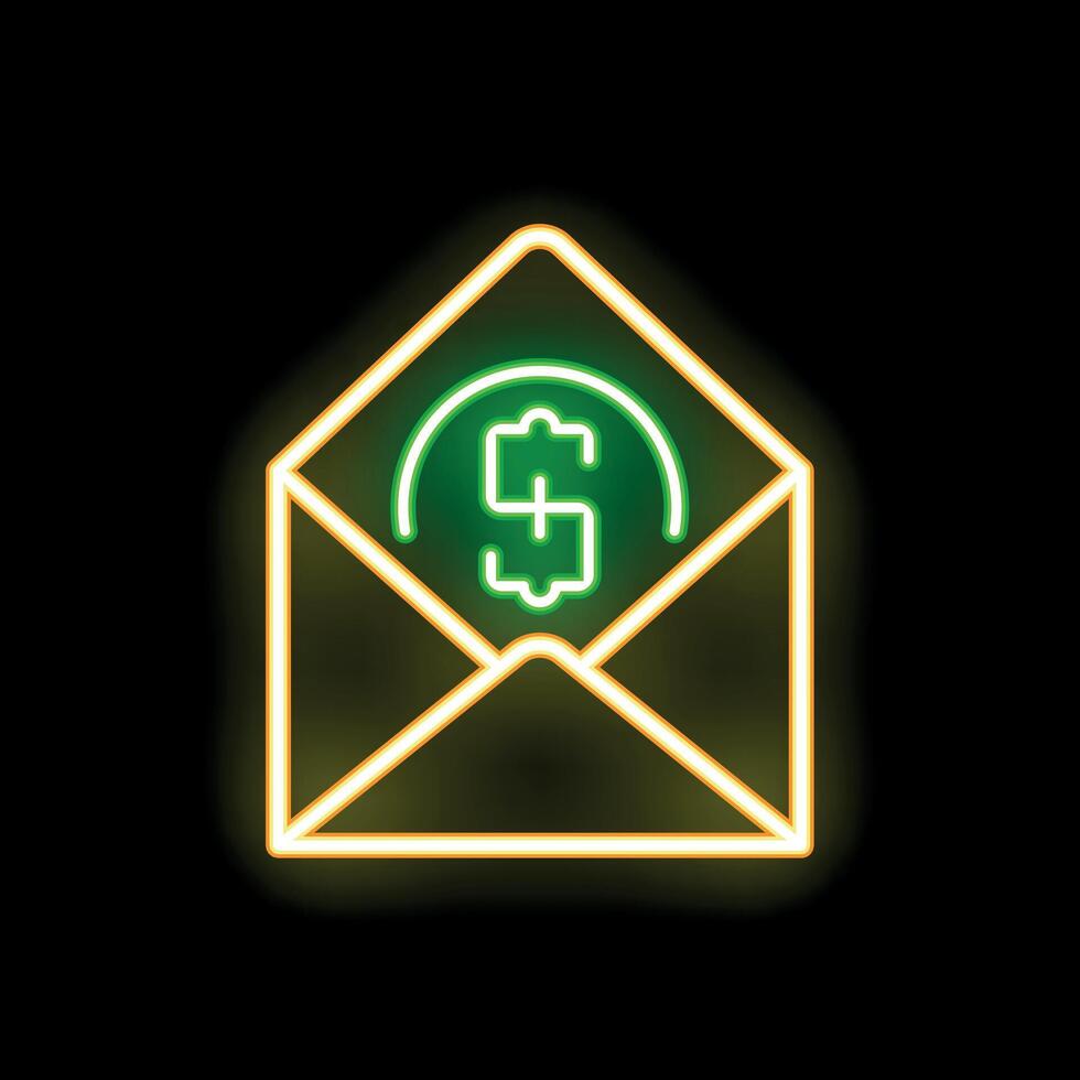 Neon envelope containing dollar currency symbol on black background vector