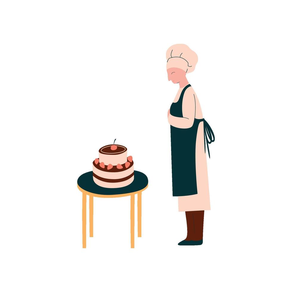 Female Cook Making and Decorating Cake, Professional Confectioner Character in Uniform Illustration vector