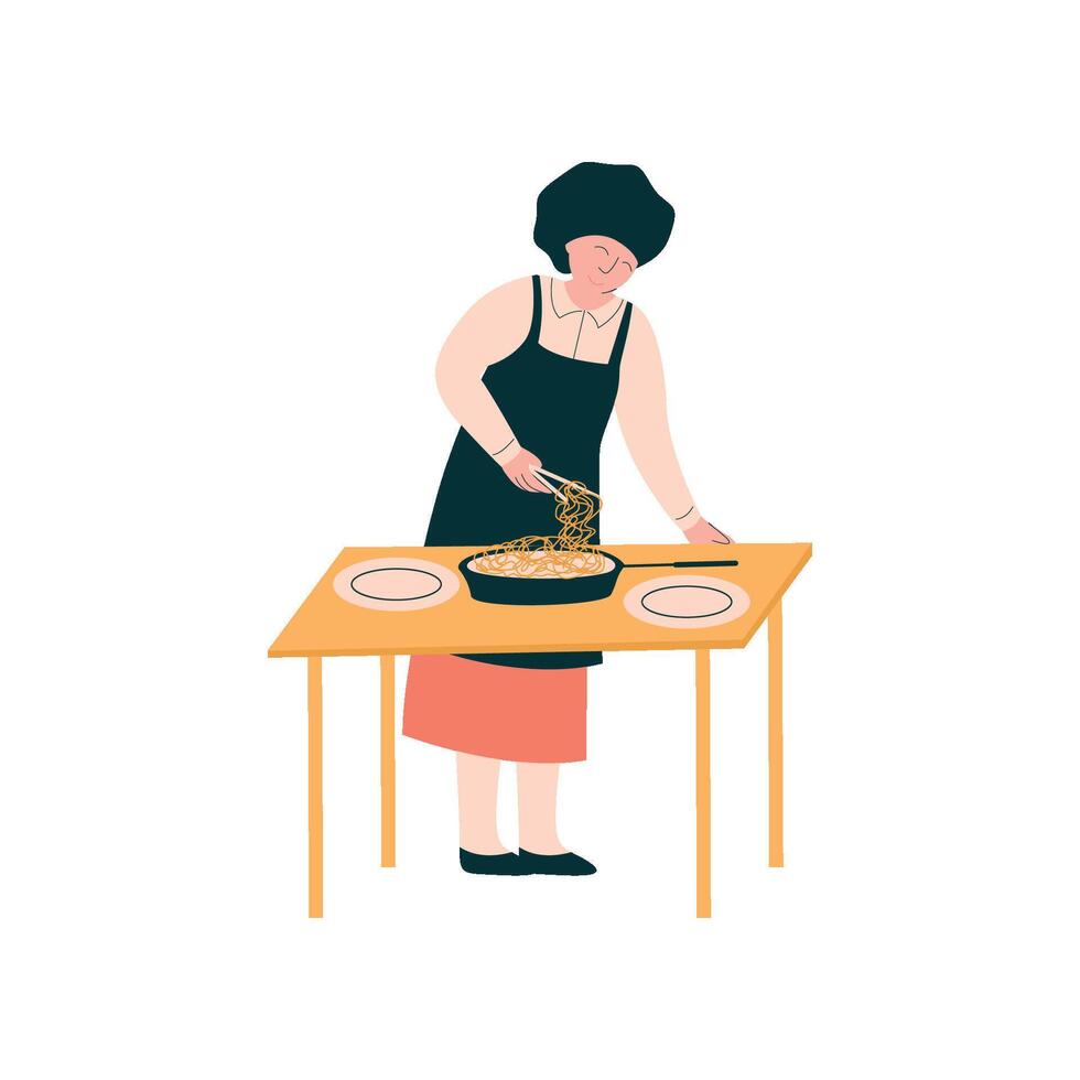 Female Cook Preparing and Serving Dish on Table, Professional Kitchener Character in Uniform Illustration vector