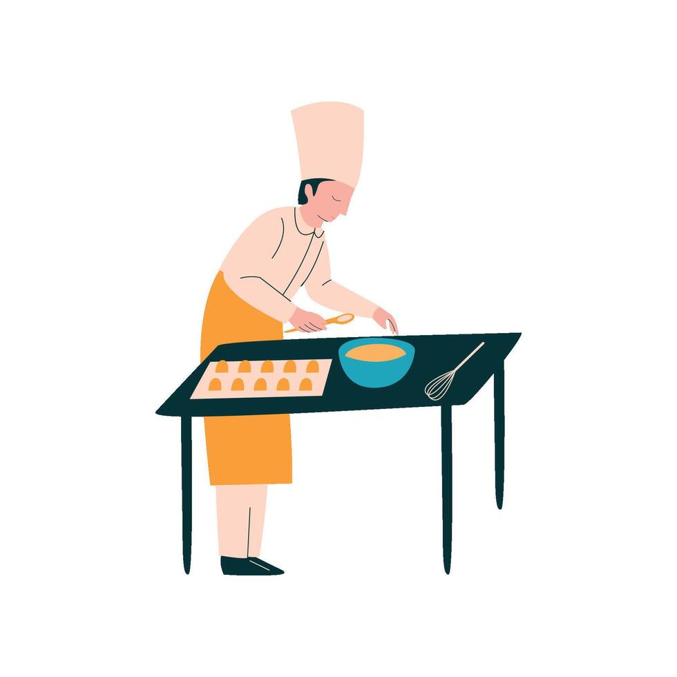 Male Cook Cooking Pastries on Table, Professional Kitchener Character in Uniform Preparing Delicious Dish on Kitchen Illustration vector