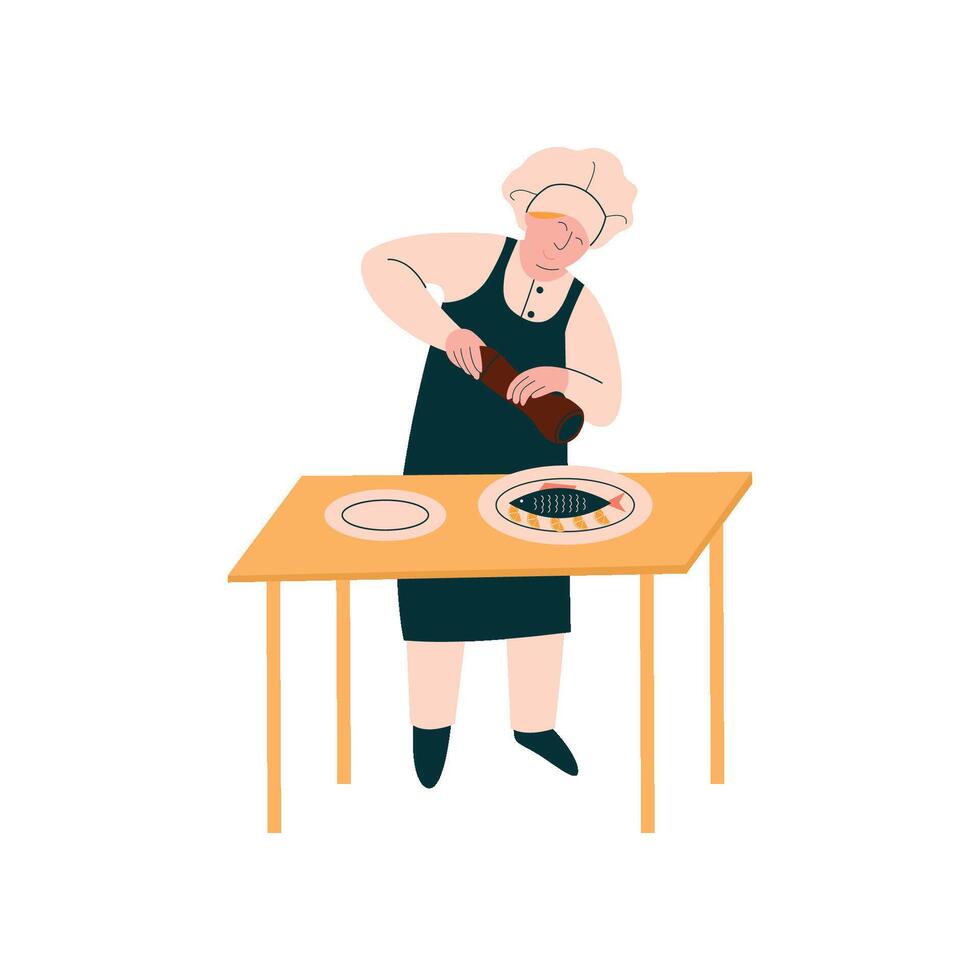 Female Cook Preparing and Garnishing Dish on Table, Professional Kitchener Character in Uniform Cooking on Kitchen Illustration vector