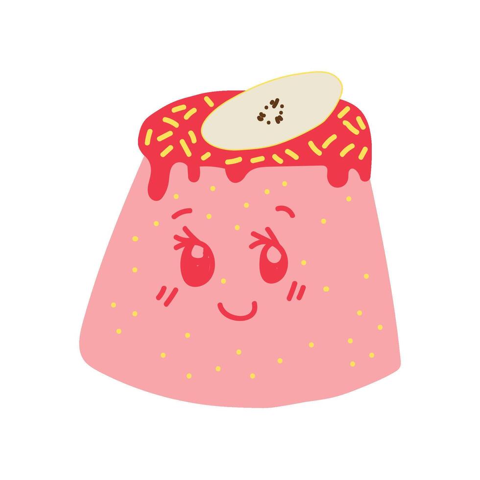Happy Cute Delicious Pink Pudding Cartoon Character, Adorable Kawaii Dessert with Funny Face Illustration vector