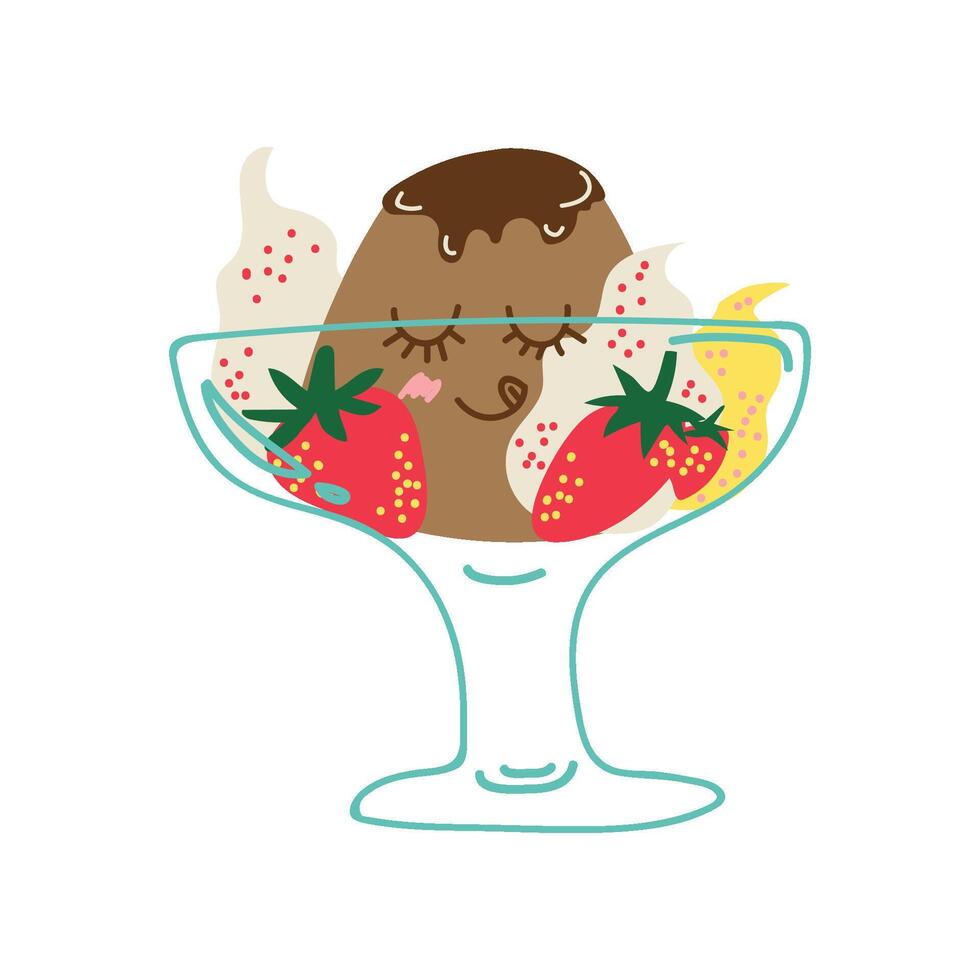 Happy Cute Delicious Dessert Cartoon Character, Adorable Kawaii Pudding with Funny Face Illustration vector
