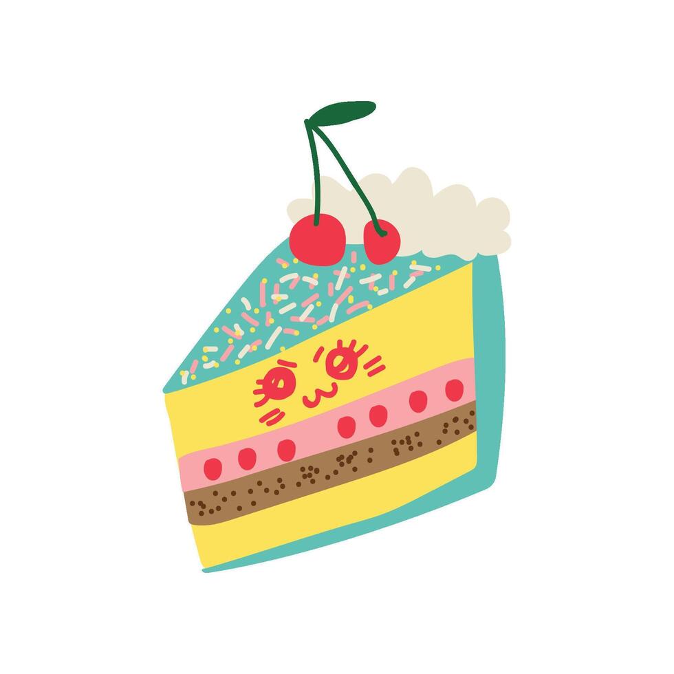 Cute Delicious Piece of Cake Cartoon Character, Adorable Kawaii Dessert with Funny Face Illustration vector