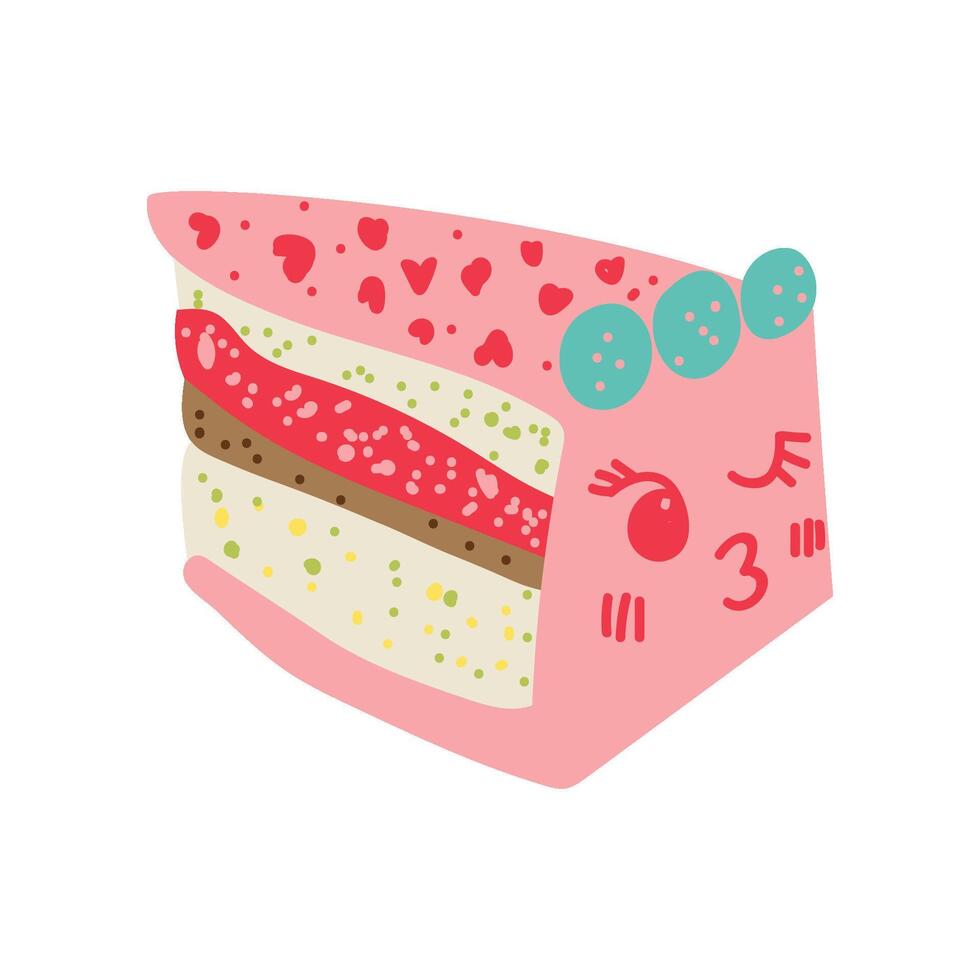 Cute Delicious Piece of Cake Cartoon Character, Adorable Kawaii Pink Dessert with Funny Face Illustration vector
