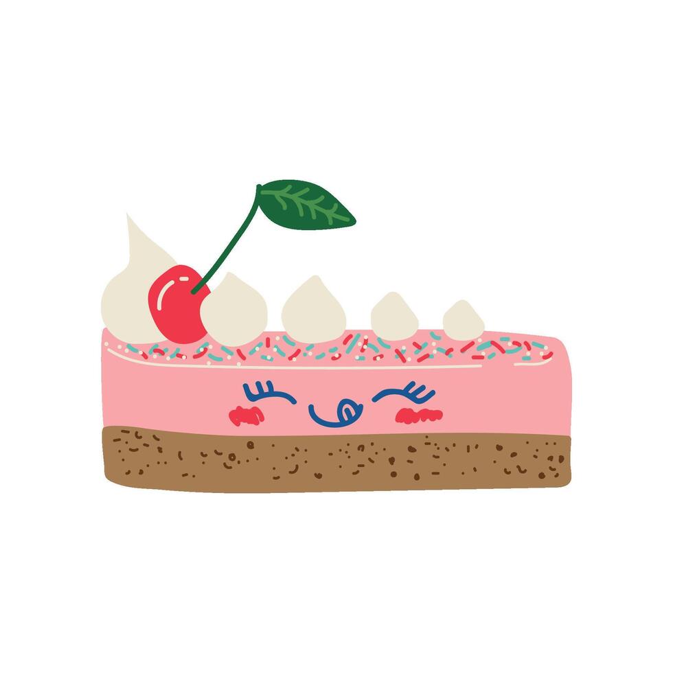Happy Cute Delicious Piece of Cake Cartoon Character, Adorable Kawaii Dessert with Funny Face Illustration vector