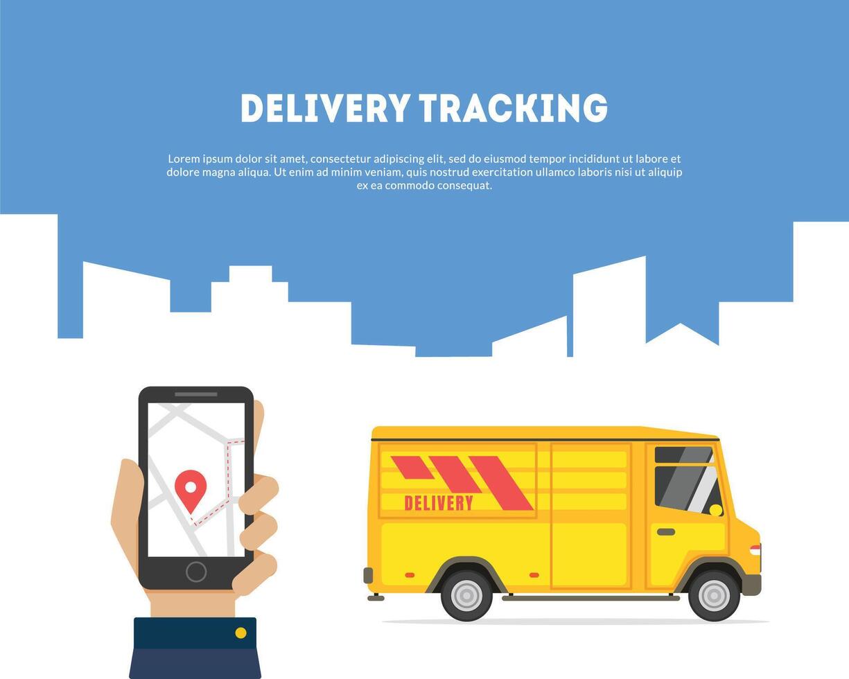 Delivery Tracking Banner, Hand Holding Smartphone with App, Online Track Service Illustration vector