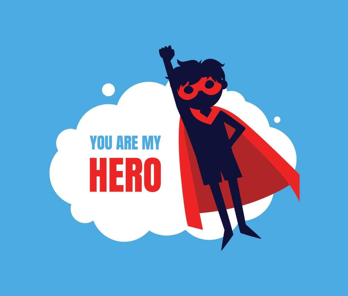 You My Hero Banner, Cute Boy in Superhero Costume and Mask Flying in Sky Illustration vector